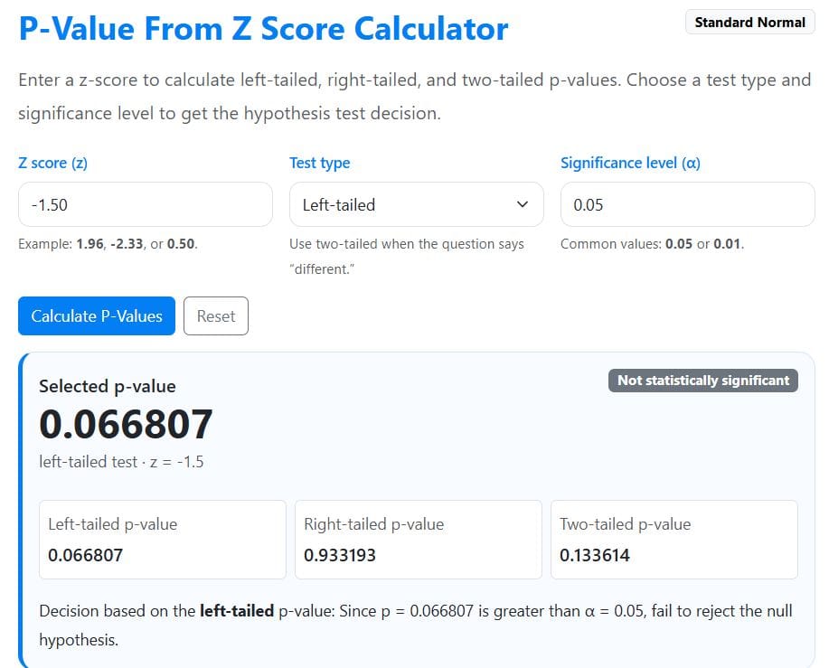 P value for a left-tailed test using the calculator-example
