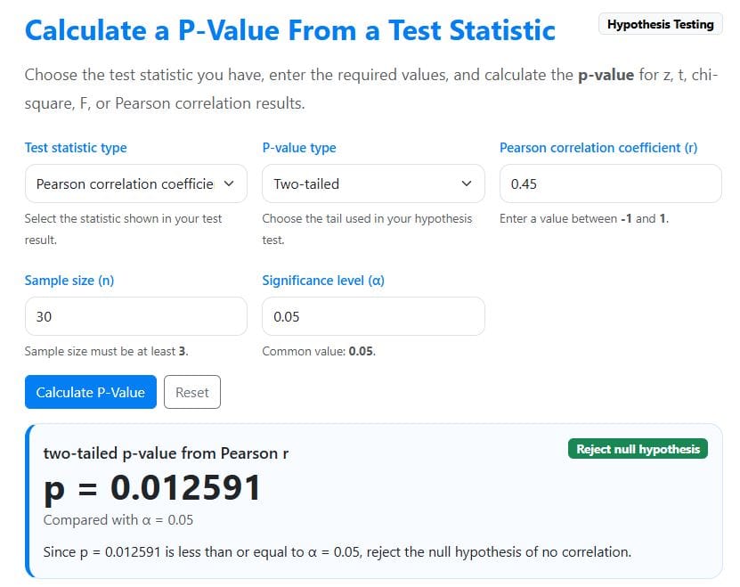 p value from pearson's r example solution using the calculator