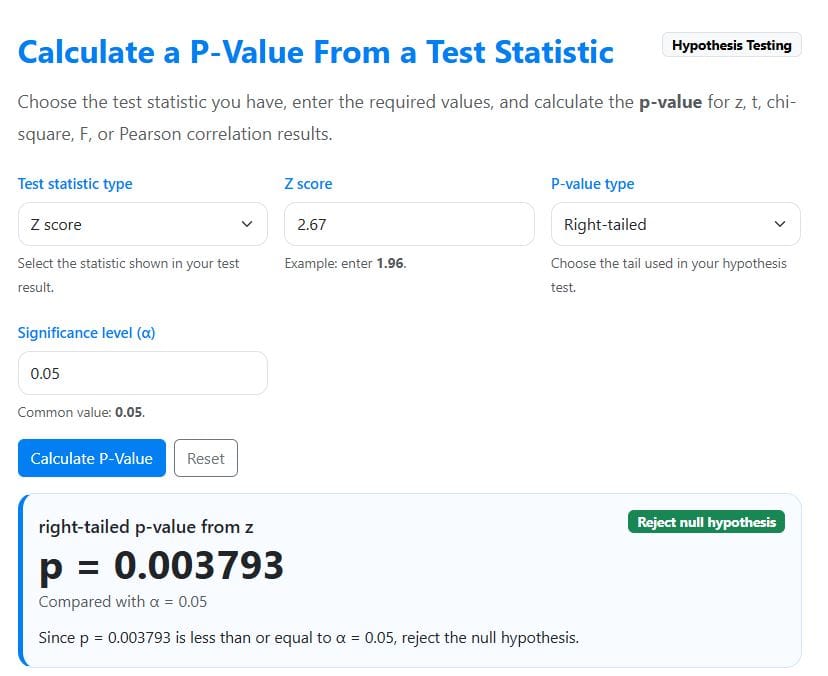 p-value from z score - calculator example solution
